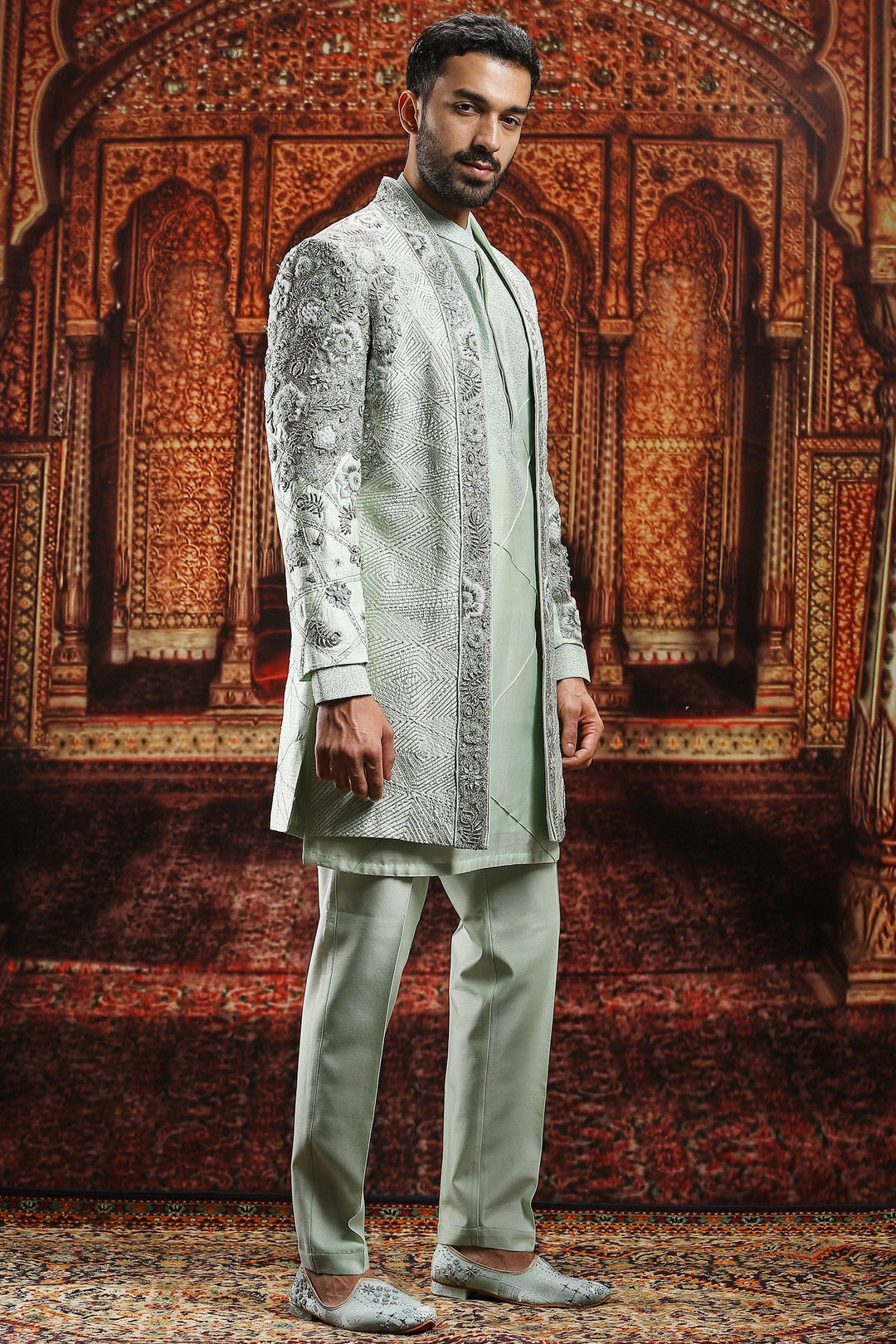 Mint Green Floral Zardozi Embroidered Sherwani Set