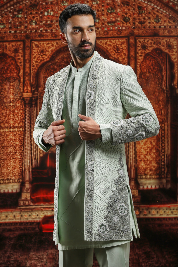 Mint Green Floral Zardozi Embroidered Sherwani Set