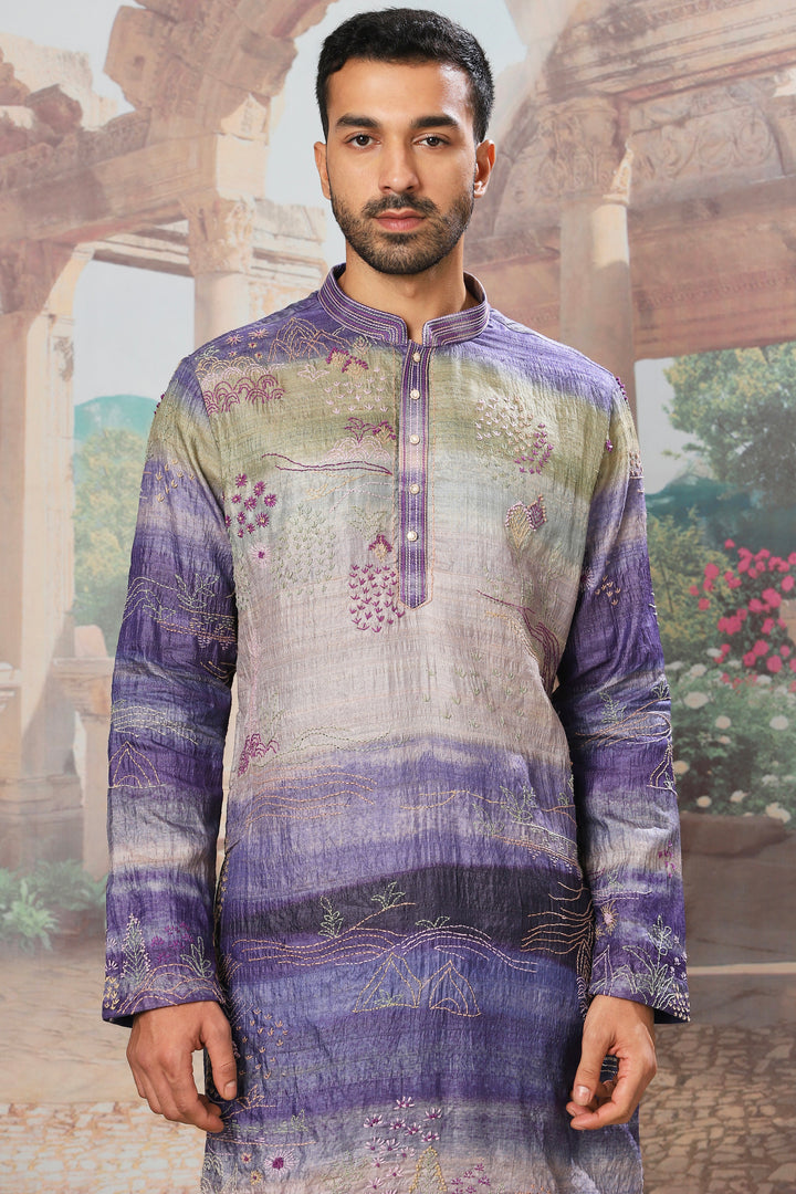 Antique Periwinkle Tussar Kantha Embroidered Kurta Set