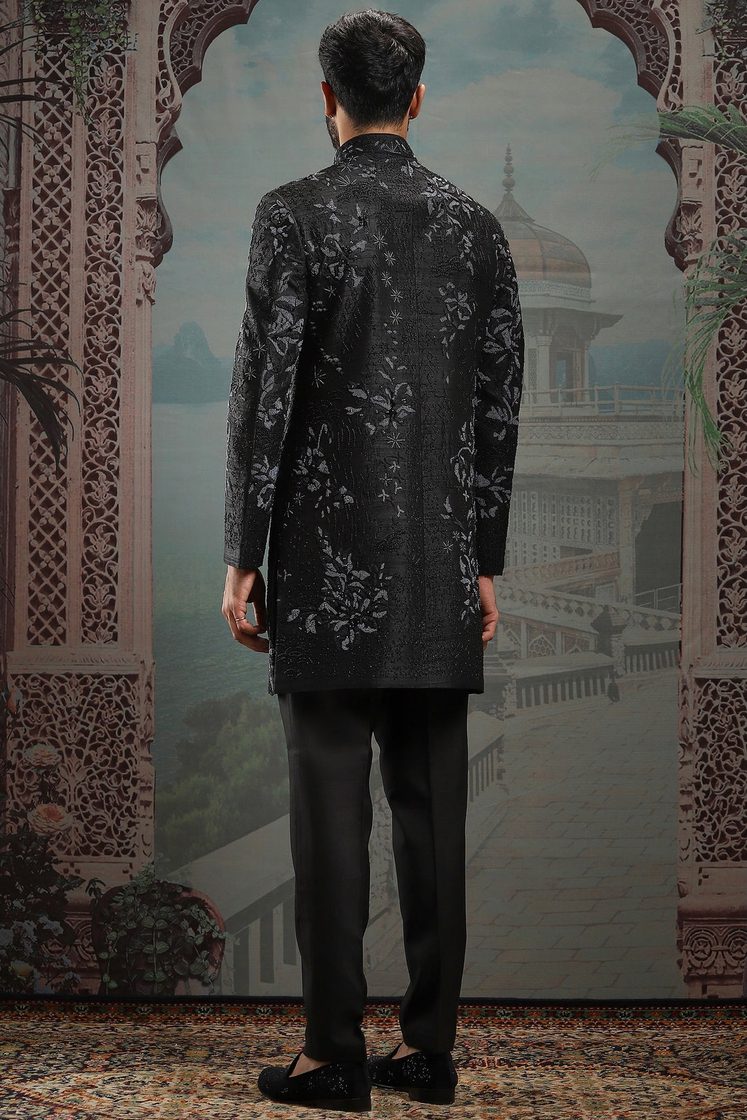 Black Moti Raw Silk Embroidered Sherwani Set
