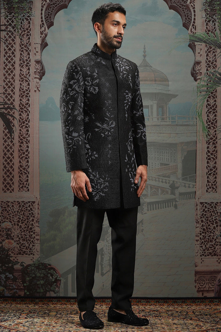 Black Moti Raw Silk Embroidered Sherwani Set