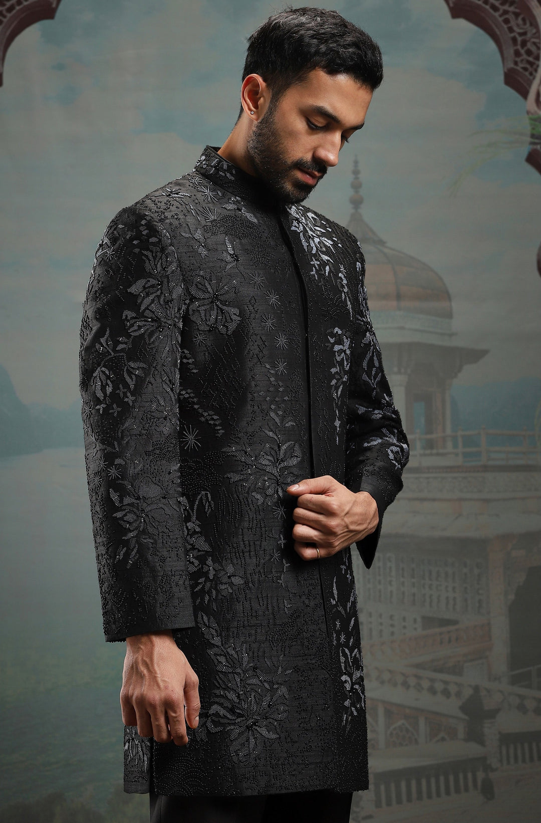 Black Moti Raw Silk Embroidered Sherwani Set