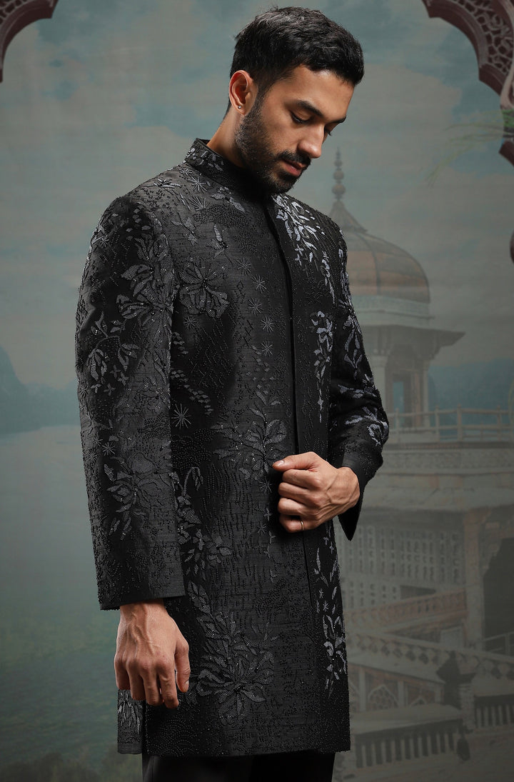Black Moti Raw Silk Embroidered Sherwani Set
