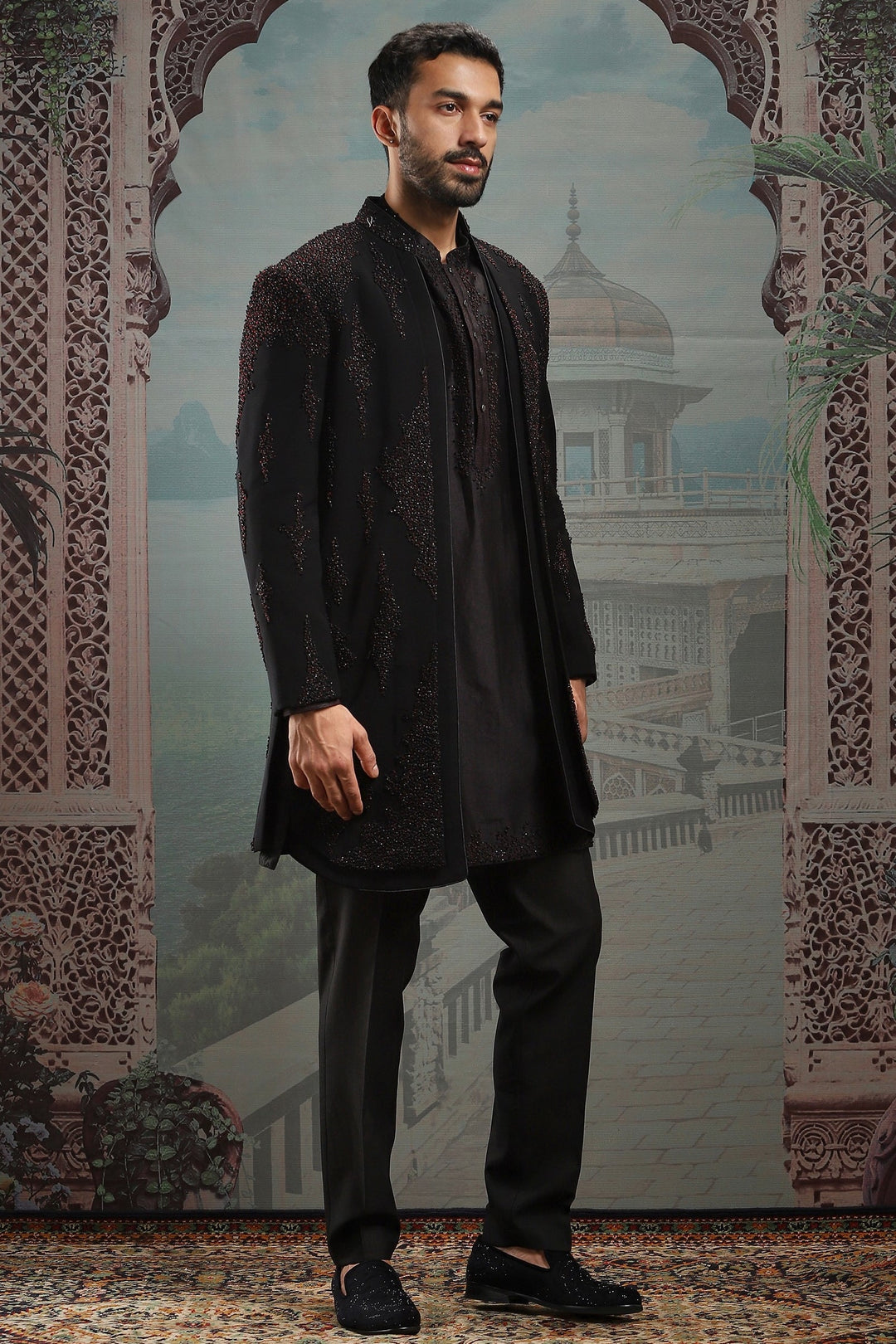 Black Open French Knot Embroidered Indowestern