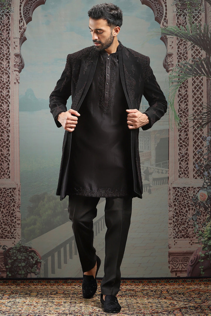Black Open French Knot Embroidered Indowestern