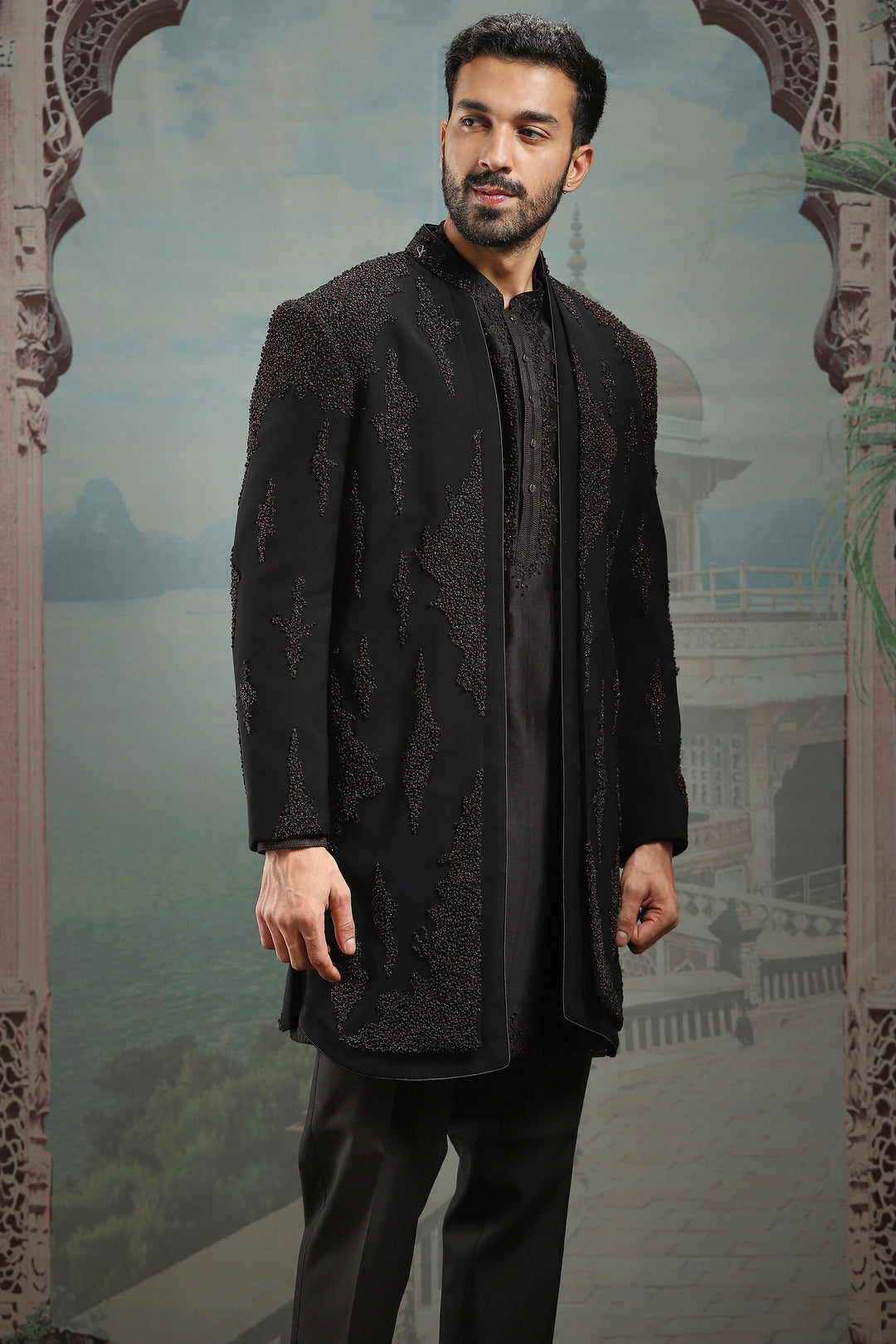 Black Open French Knot Embroidered Indowestern
