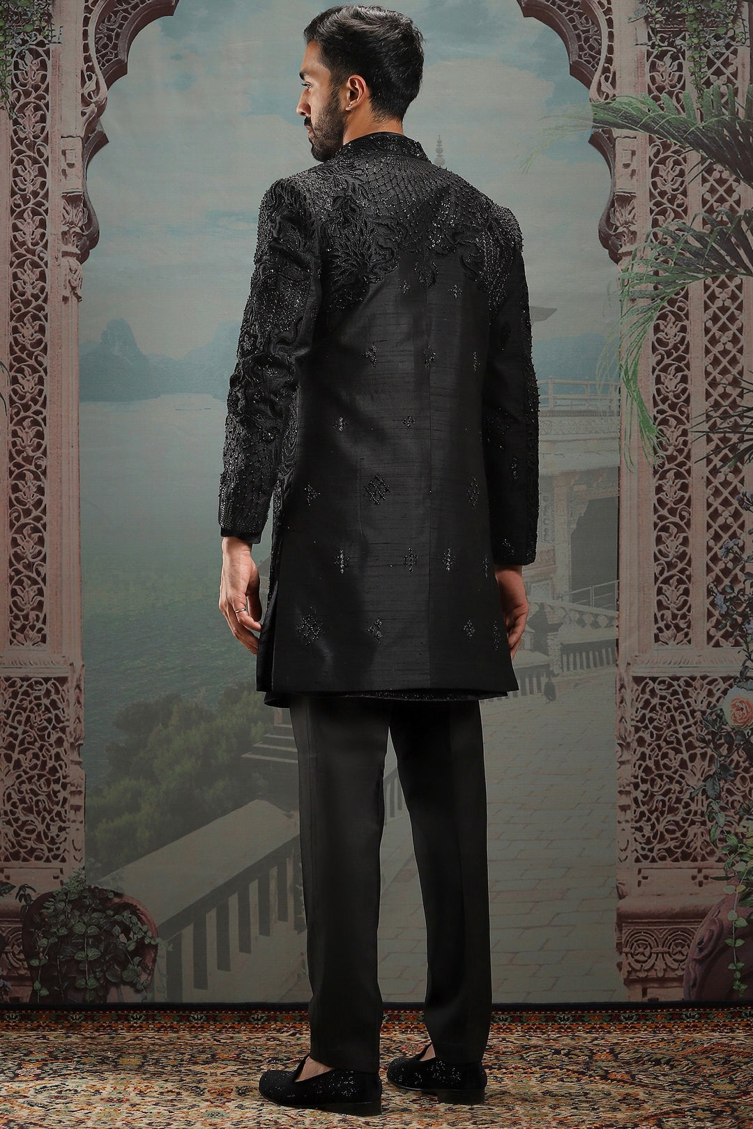 Black Open Moti Embroidered Indowestern