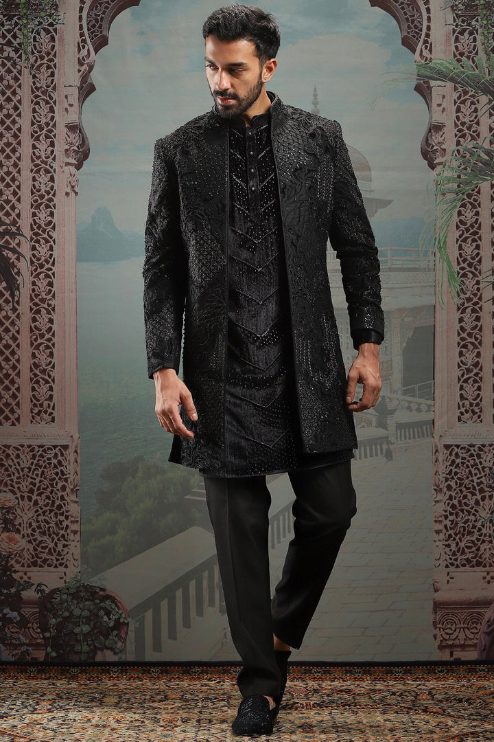 Black Open Moti Embroidered Indowestern