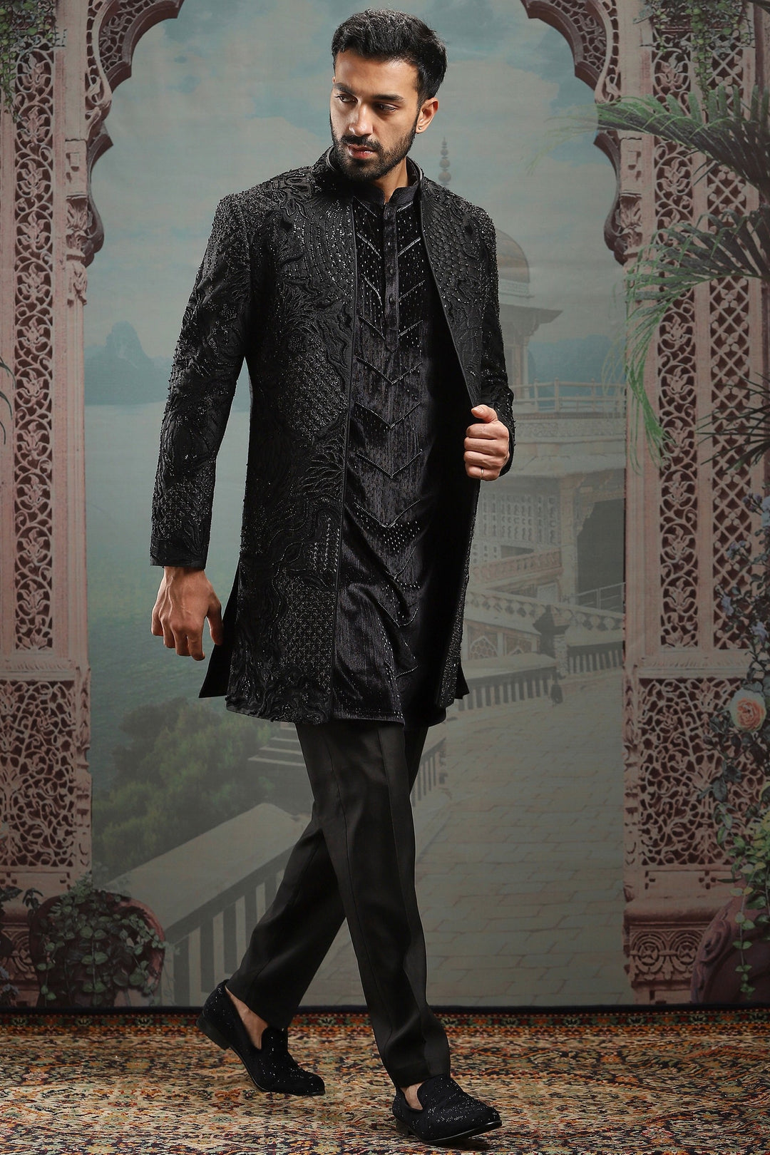 Black Open Moti Embroidered Indowestern