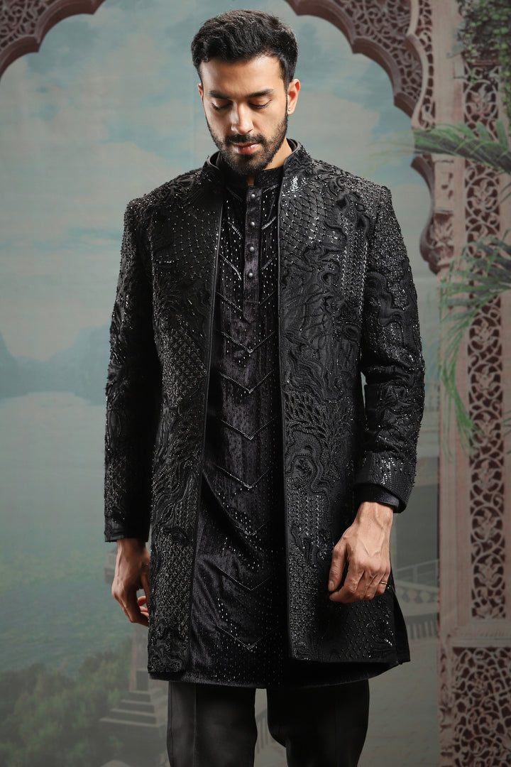 Black Open Moti Embroidered Indowestern