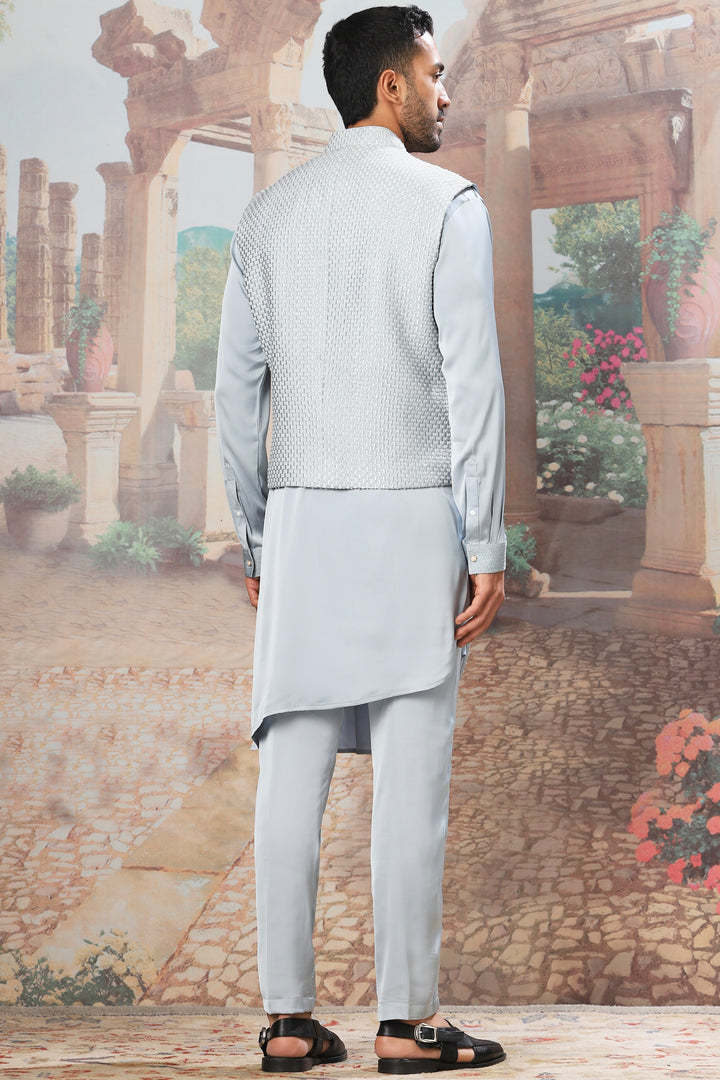 Sapphire Wave Velvet Embroidered Kurta Bundi Set