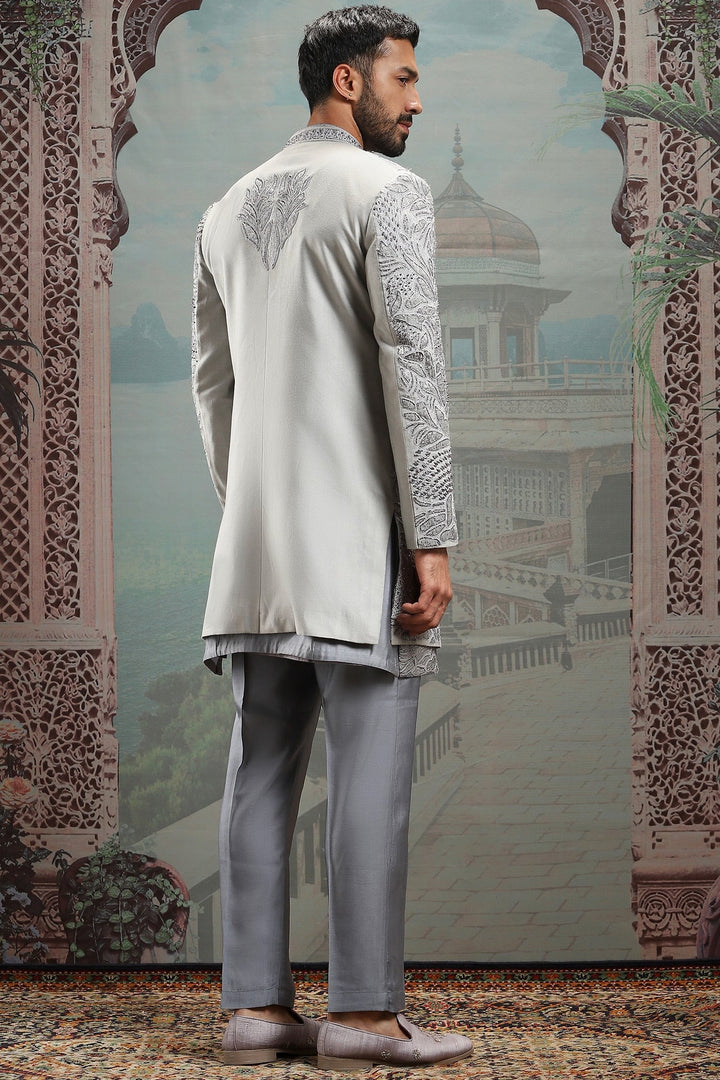 Grey Raw Silk Dabka Embroidered Sherwani Set