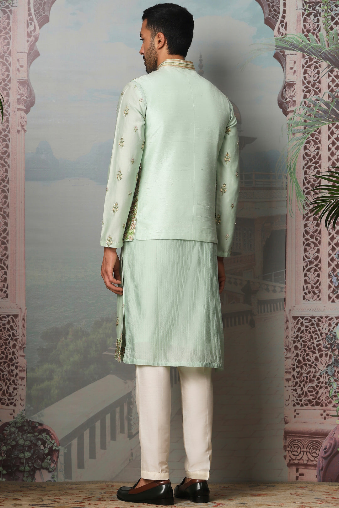 Viridian Fern Raw Silk Embroidered Kurta Bundi Set