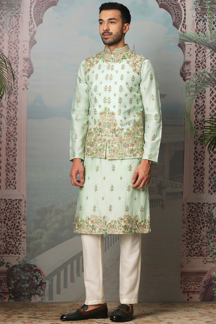 Viridian Fern Raw Silk Embroidered Kurta Bundi Set