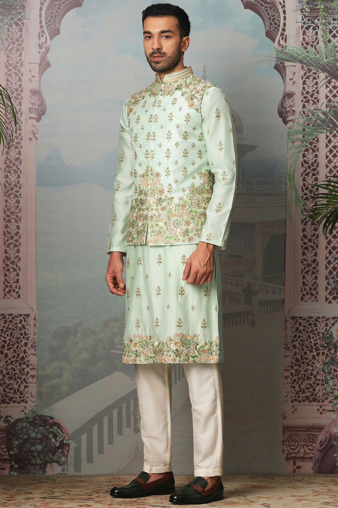 Viridian Fern Raw Silk Embroidered Kurta Bundi Set