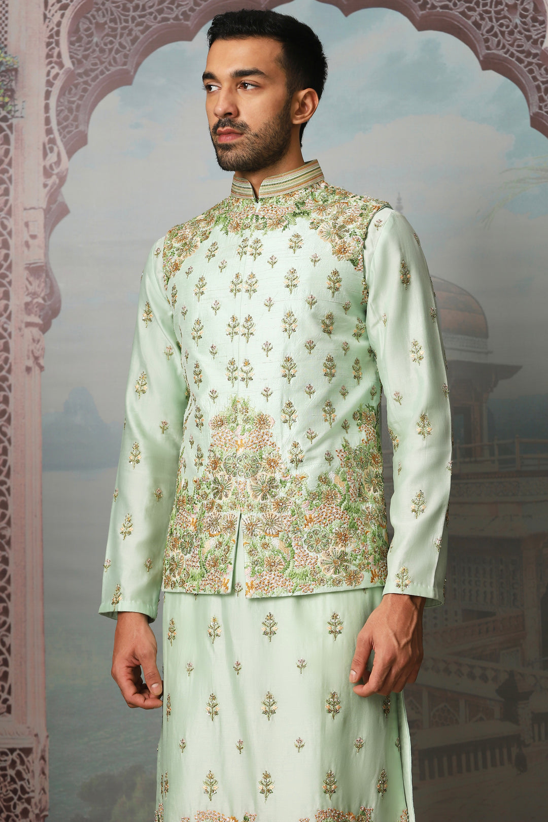 Viridian Fern Raw Silk Embroidered Kurta Bundi Set