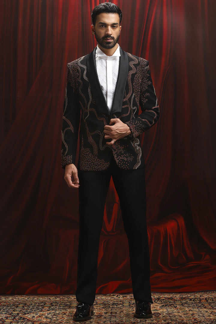 Crimson Ember Embroidered Tuxedo Set