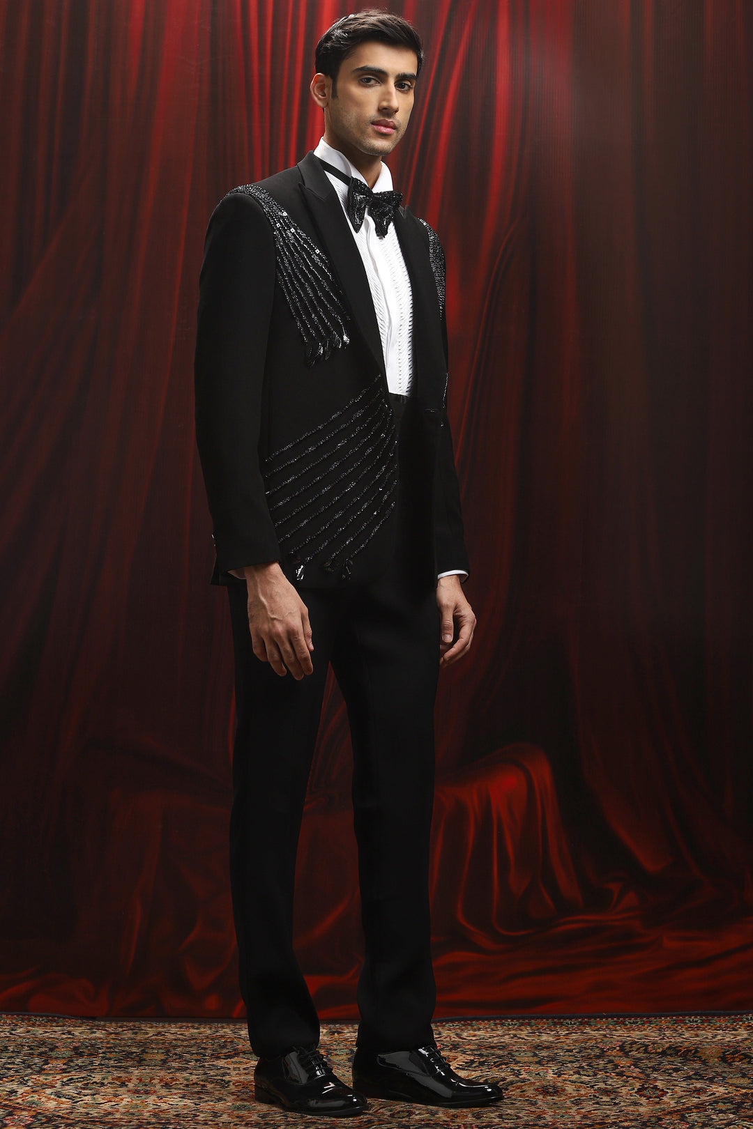 Black Cosmic Currents Embroidered Tuxedo Set