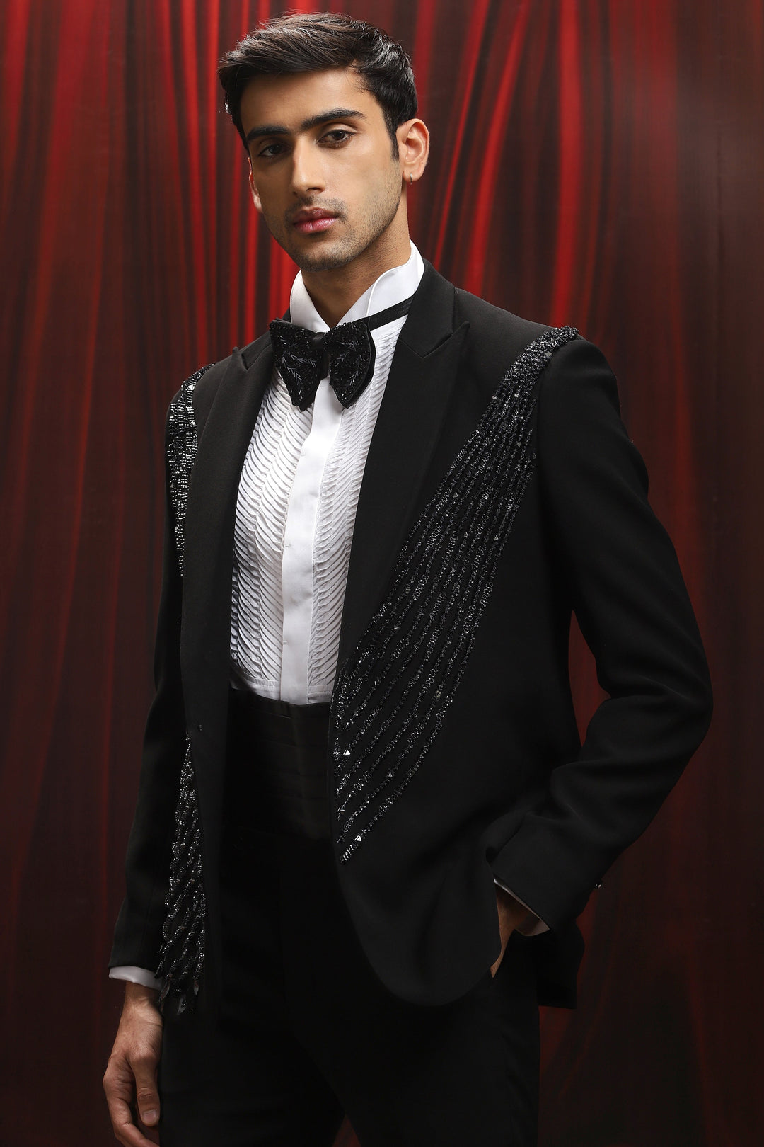 Black Cosmic Currents Embroidered Tuxedo Set