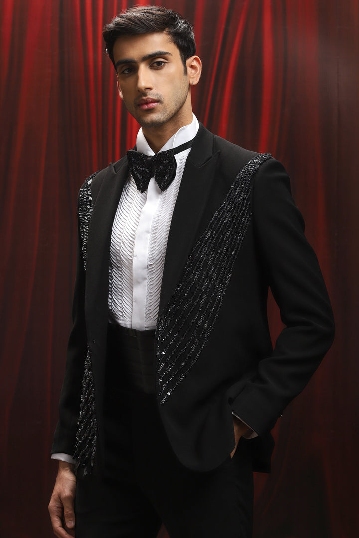 Black Cosmic Currents Embroidered Tuxedo Set