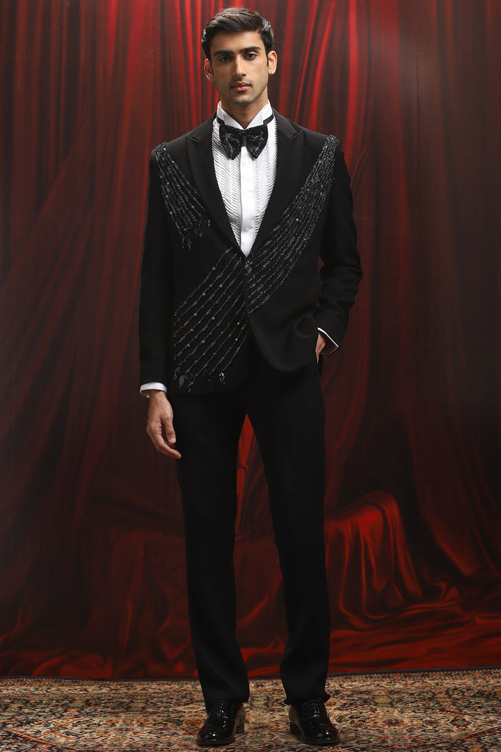 Black Cosmic Currents Embroidered Tuxedo Set