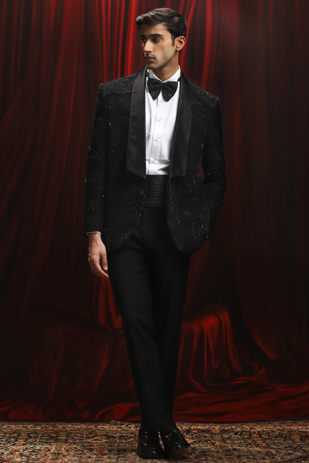 Black Shimmer Embroidered Tuxedo Set