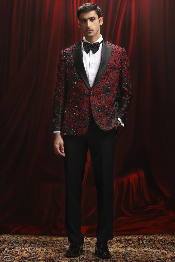 Daring Red Embroidered Tuxedo Set