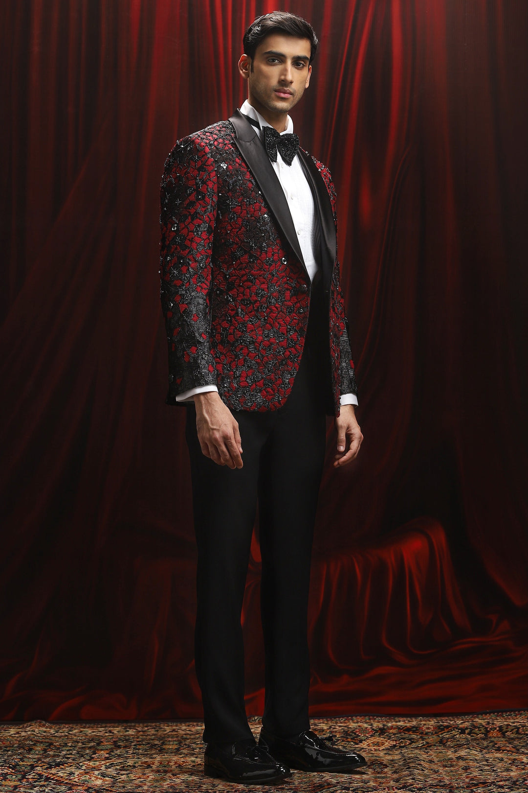Daring Red Embroidered Tuxedo Set