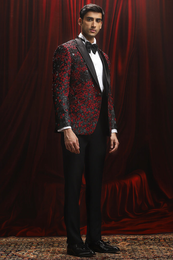 Daring Red Embroidered Tuxedo Set