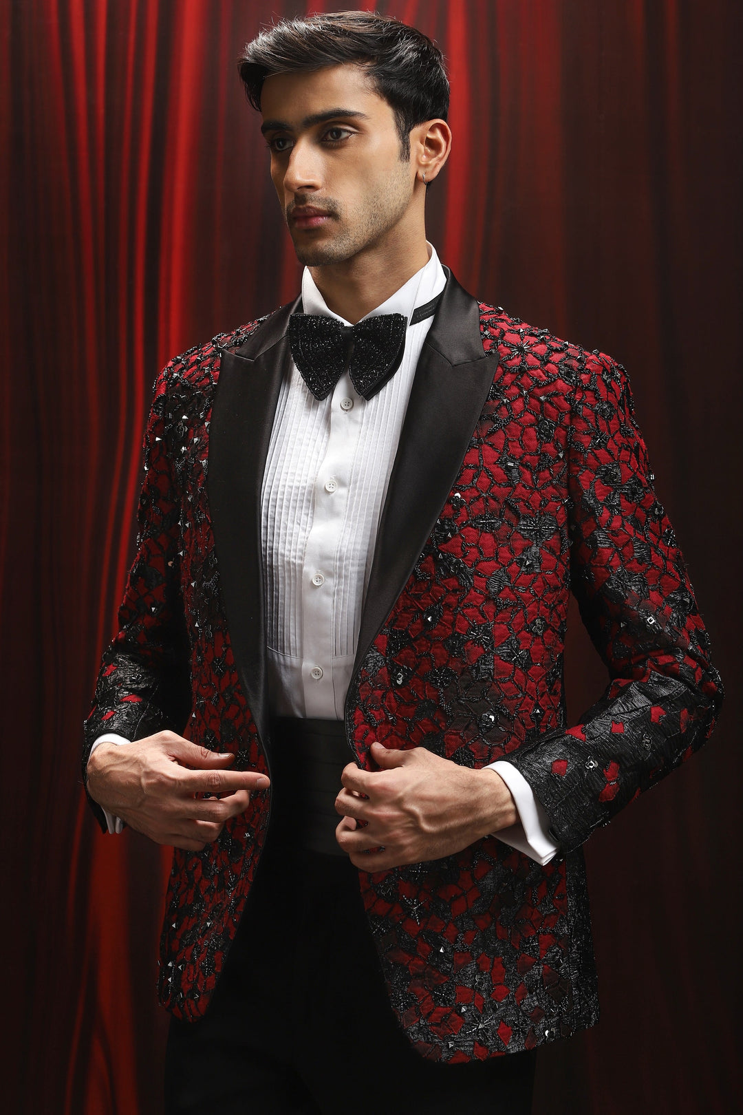 Daring Red Embroidered Tuxedo Set