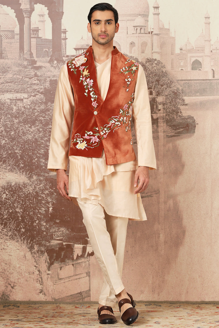 Sienna Rust Velvet Embroidered Kurta Bundi Set