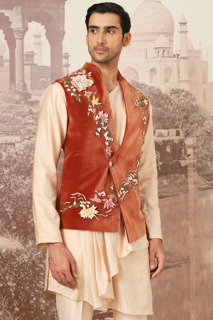 Sienna Rust Velvet Embroidered Kurta Bundi Set