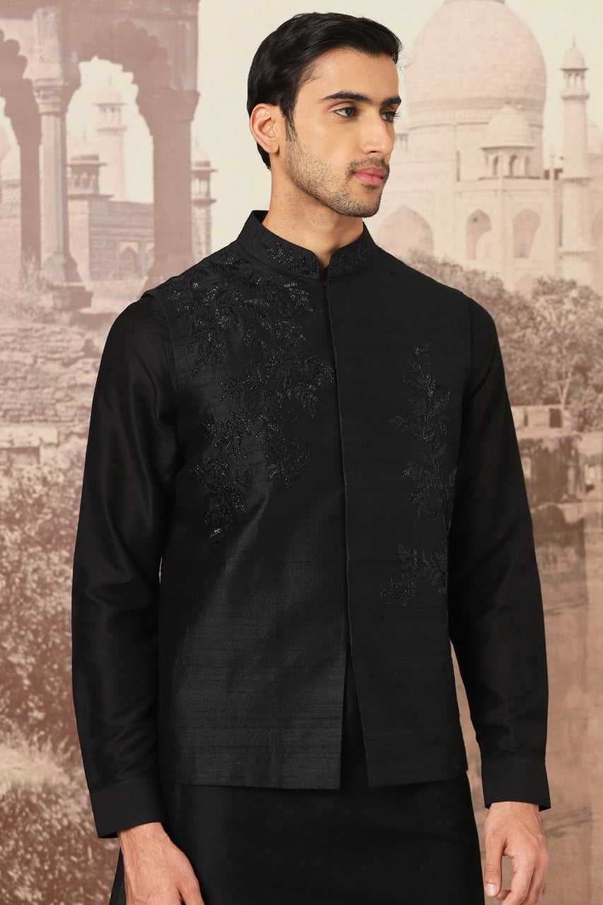 Black Aura Embroidered Raw Silk Kurta Bundi Set