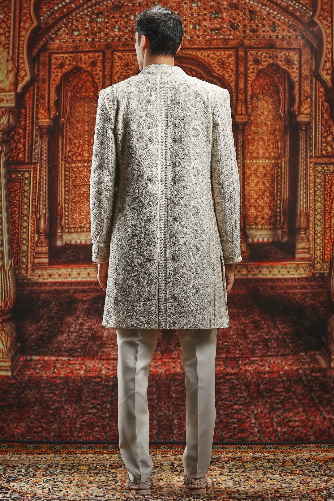 Cream Open Dabka Embroidered Sherwani Set