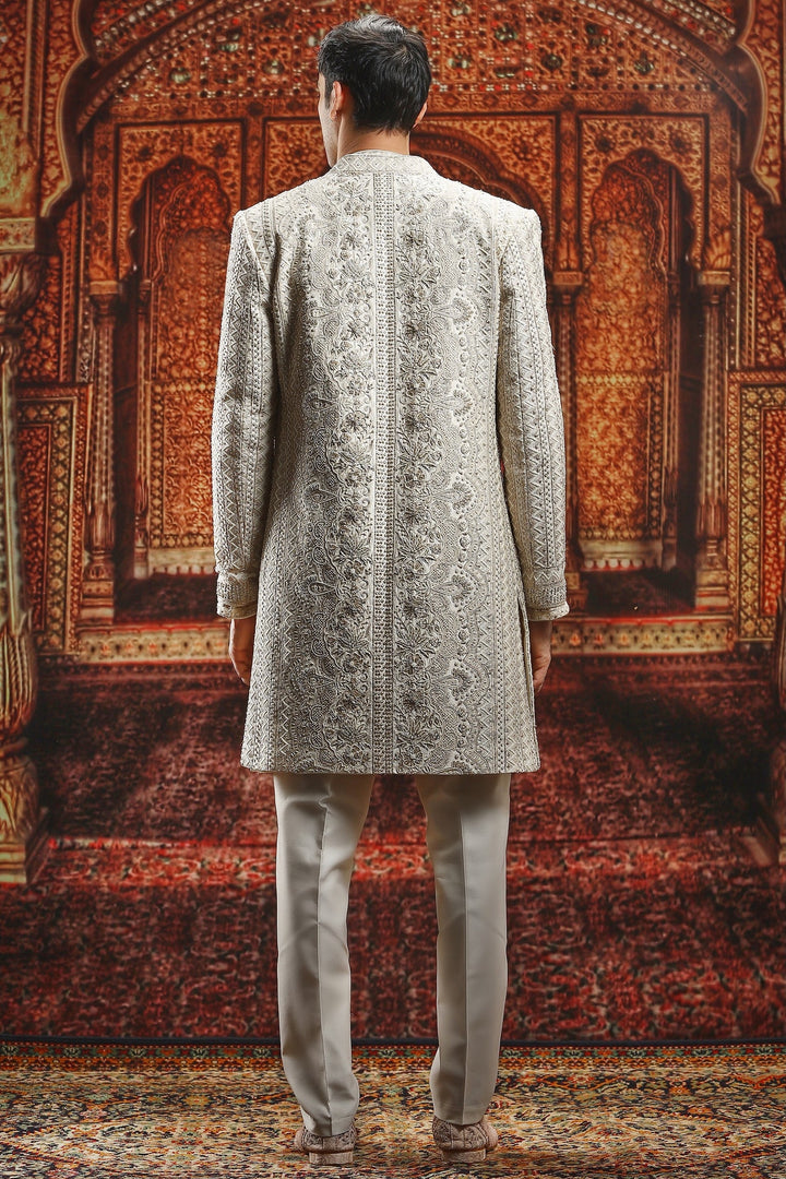 Cream Open Dabka Embroidered Sherwani Set