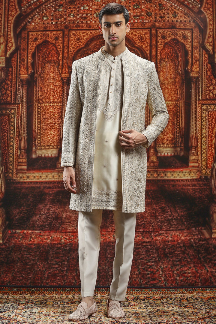 Cream Open Dabka Embroidered Sherwani Set