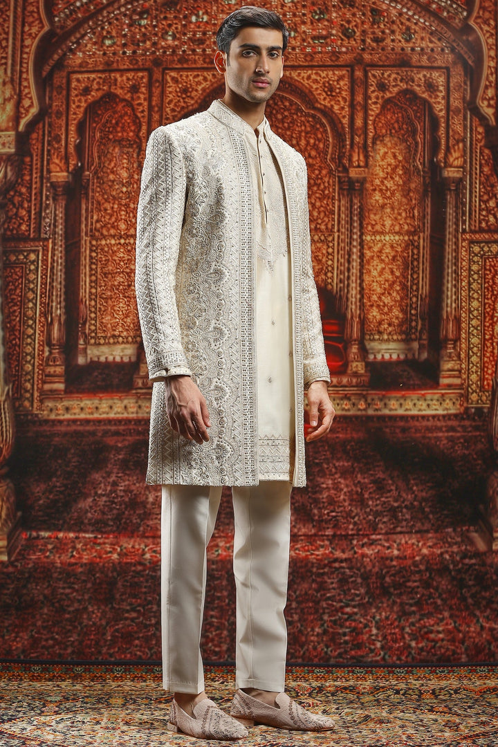 Cream Open Dabka Embroidered Sherwani Set