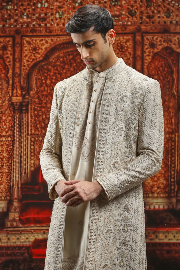 Cream Open Dabka Embroidered Sherwani Set
