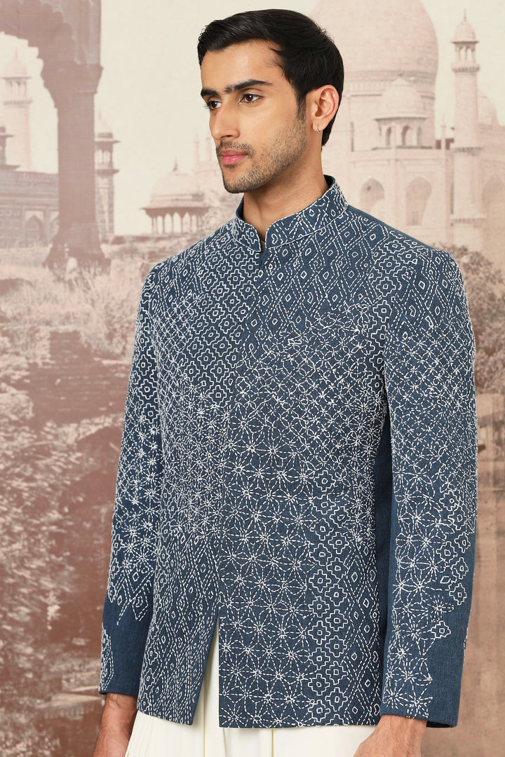 Indigo Kantha Embroidered Bandhgala Set