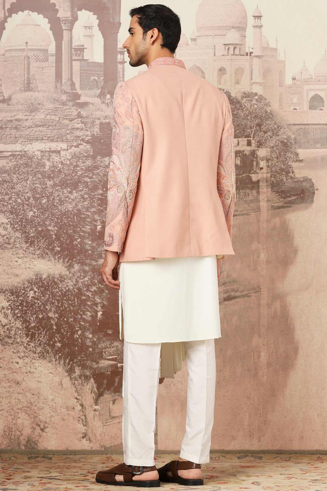 Peach Desert Linen Embroidered Bandhgala Set