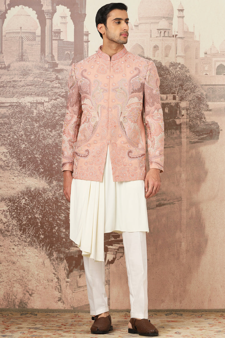 Peach Desert Linen Embroidered Bandhgala Set