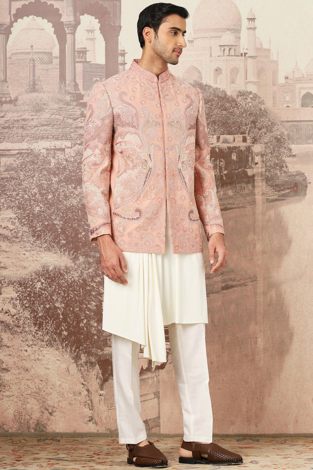 Peach Desert Linen Embroidered Bandhgala Set