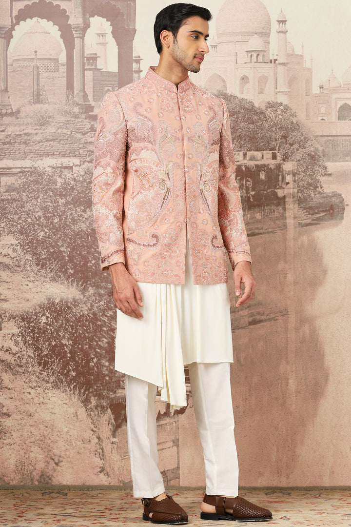 Peach Desert Linen Embroidered Bandhgala Set