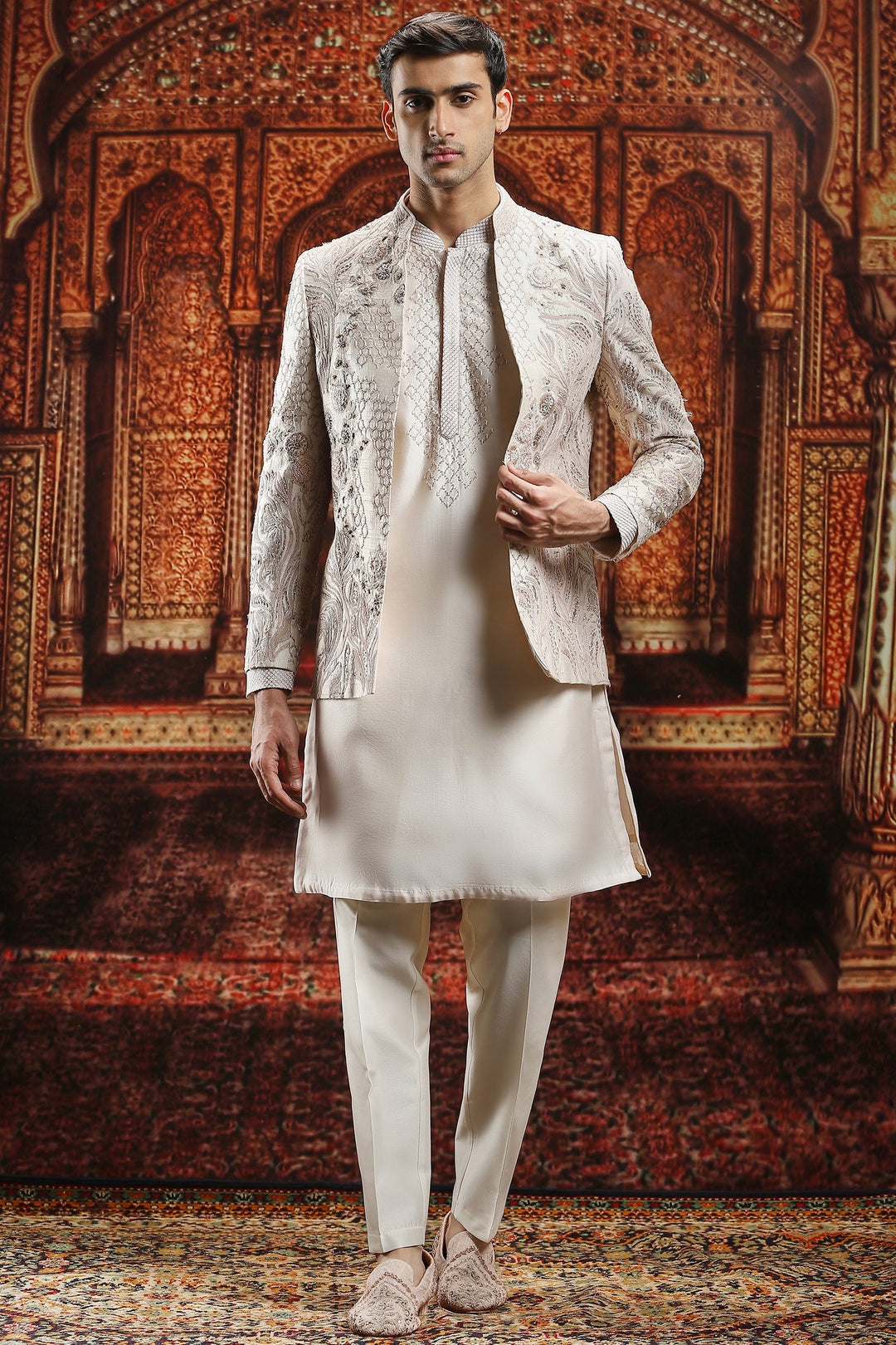 Ivory Raw Silk Pitta Embroidered Bandhgala