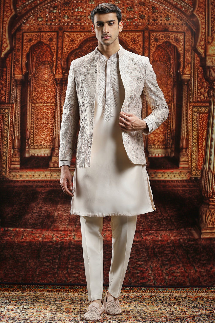 Ivory Raw Silk Pitta Embroidered Bandhgala