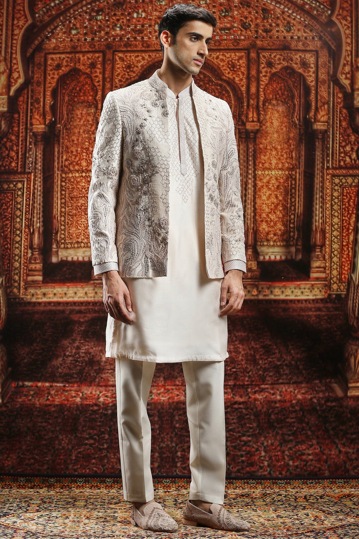 Ivory Raw Silk Pitta Embroidered Bandhgala