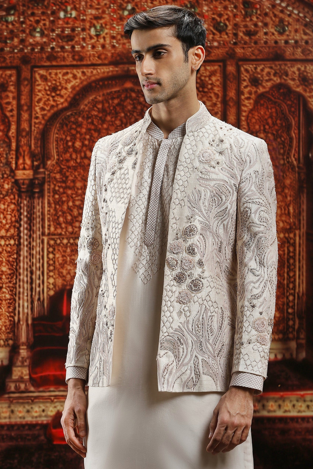 Ivory Raw Silk Pitta Embroidered Bandhgala