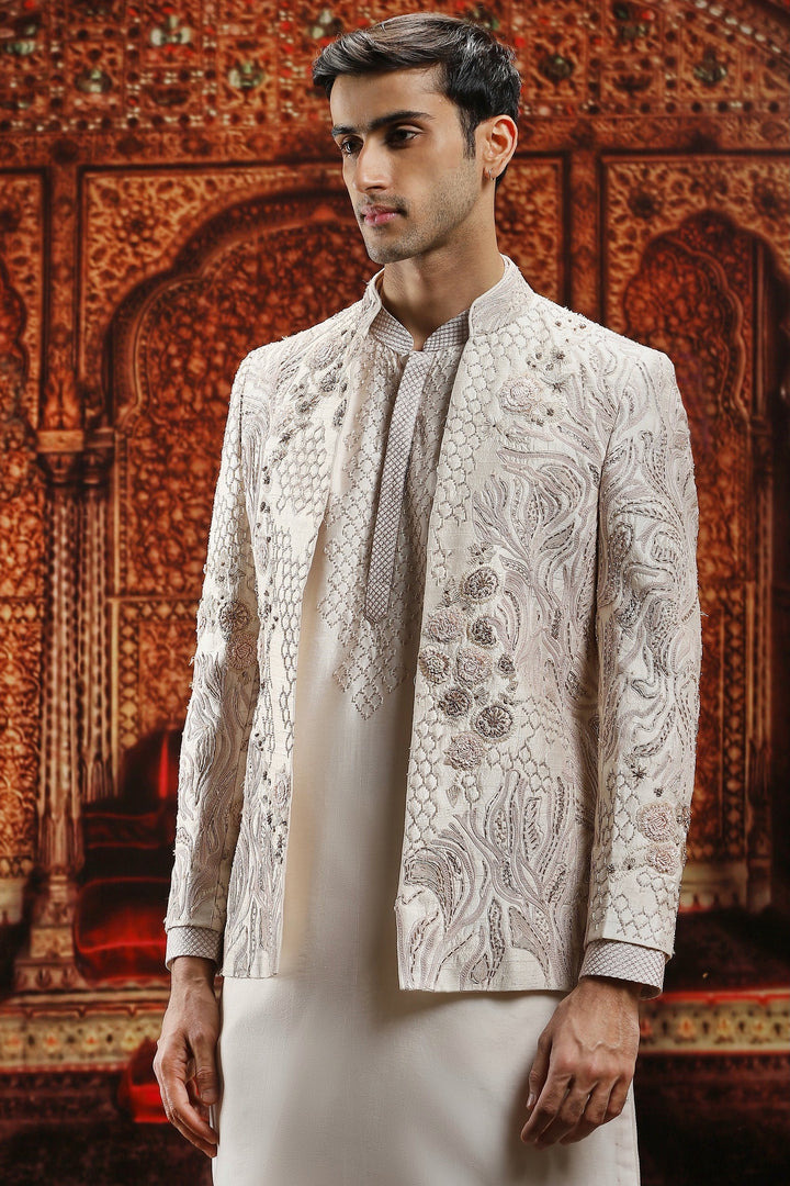 Ivory Raw Silk Pitta Embroidered Bandhgala