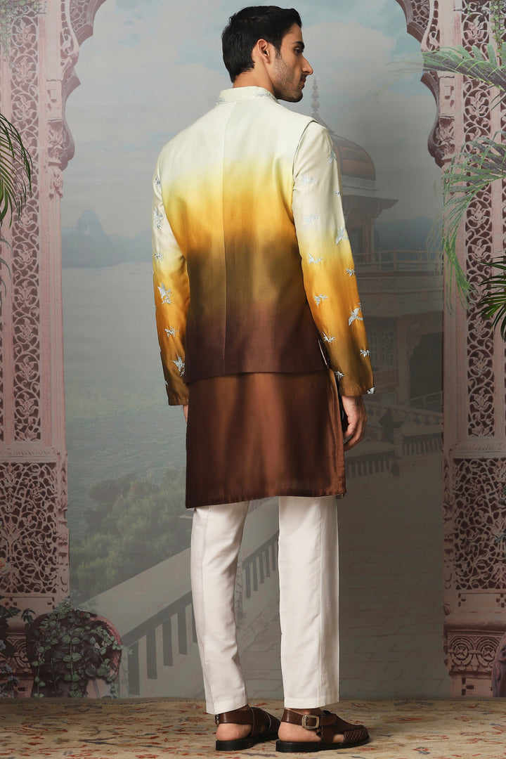 Sunset Golden Floral Embroidered Open Kurta Bundi Set