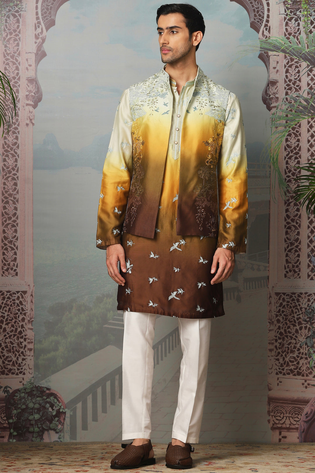 Sunset Golden Floral Embroidered Open Kurta Bundi Set